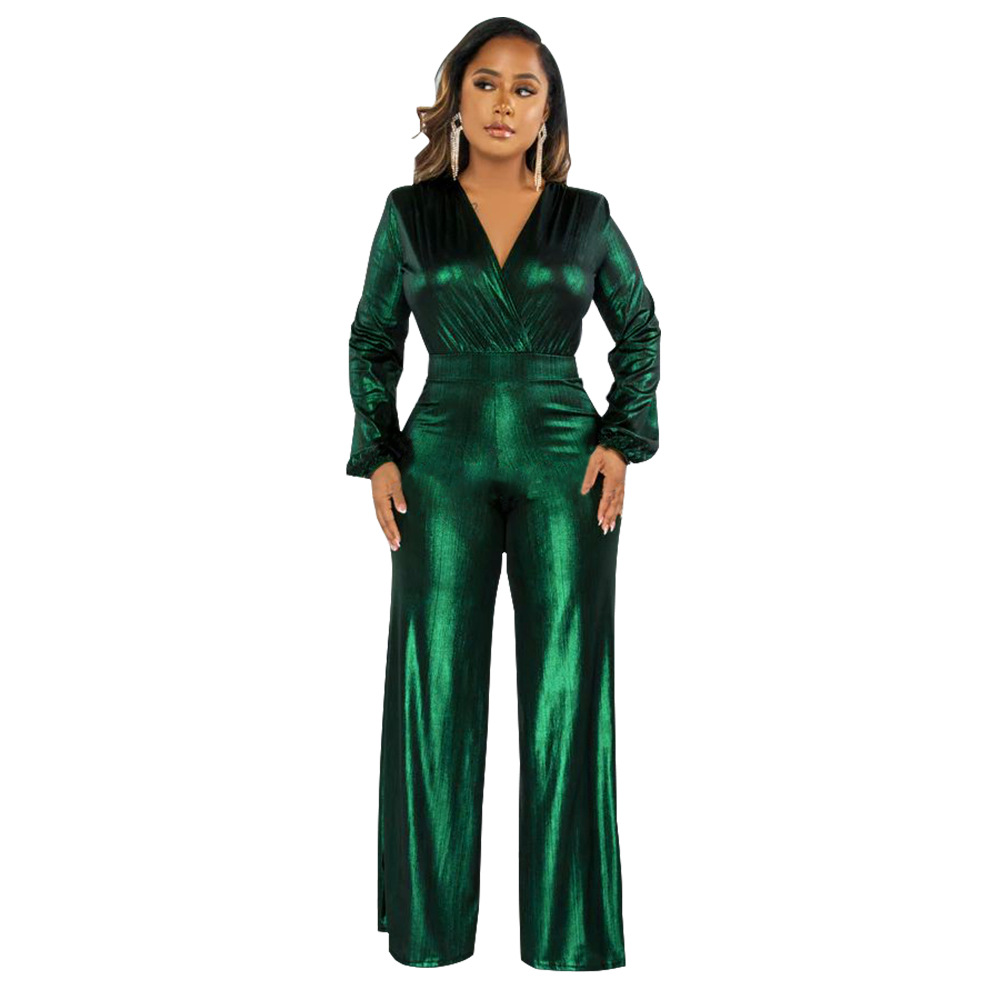 K10317 Ropa de mujer transfronteriza europea y americana, mono de moda sexy con mangas farol y estampado dorado, éxito de ventas en Amazon para otoño. image 4