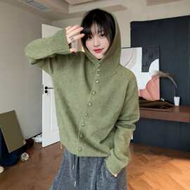 大码慵懒风连帽针织衫毛衣女2026春秋装宽松显瘦打底衫绿色上衣