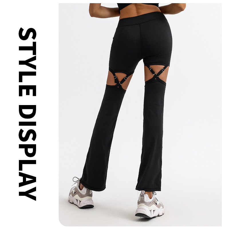 Pantalones de yoga transfronterizos de comercio exterior para mujeres sin vergüenza línea hueca con cordones personalizados de alta elasticidad de secado rápido deportes fitness pantalones acampanados