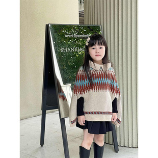 Girls' Contrast Color Cape Shawl 2024 Autumn New Style Children's Elegant Korean Style Western Style Rhombic Pattern Sweater Trendy