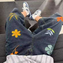 小花刺绣牛仔七分裤男款夏季美式高街情侣过膝短裤直筒阔腿六分裤