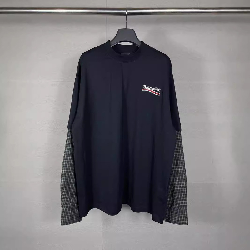 パリ高バージョン24潮牌B家の新型コーラ波ロゴ刺繍偽2枚のシャツ袖長袖|undefined