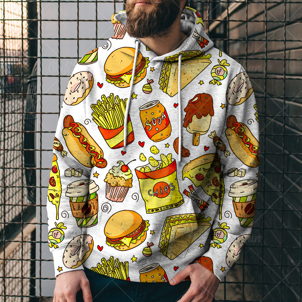 Burger Guardia europea y americana Tendencia 3D Verano Harbin Moda Deportes Pizza Estilo Imprenta Gorro de comida para hombre con suéter