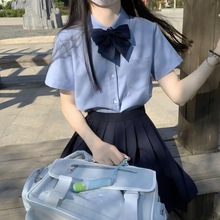 夏季新款甜美学院风jk制服洋气蓝色短袖衬衫上衣+黑色百褶裙套