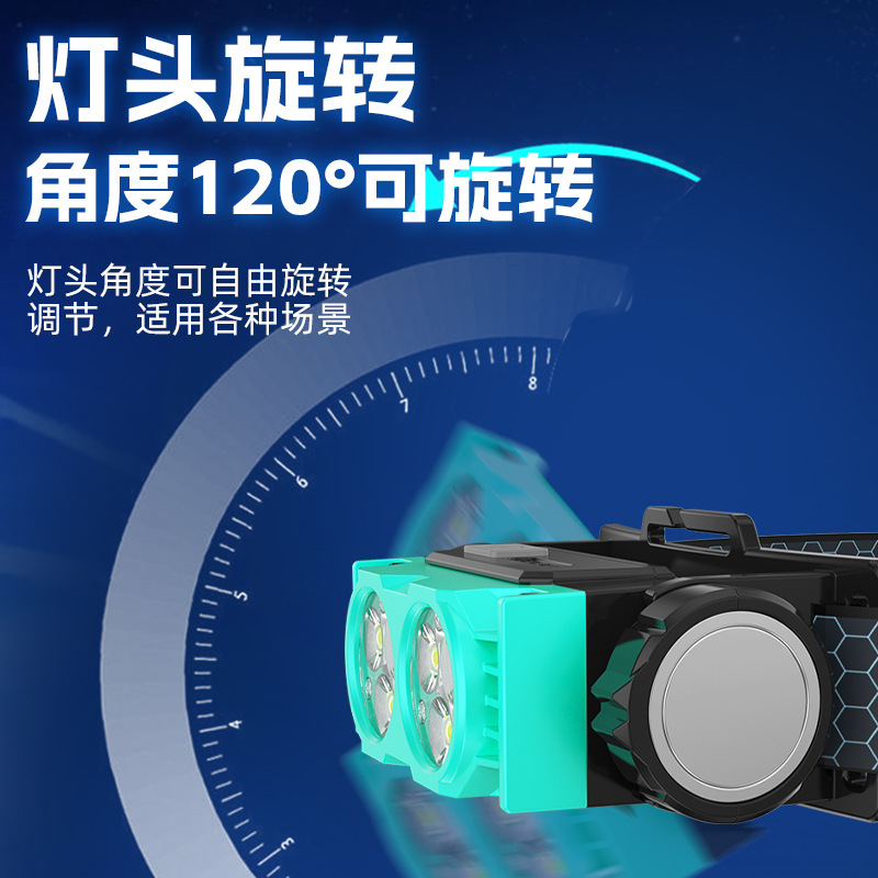 Transfronterizo multifuncional luz eléctrica fuerte luz de cabeza de seis núcleos 120 ° de rotación de trabajo de mantenimiento portátil luz de cabeza de larga duración