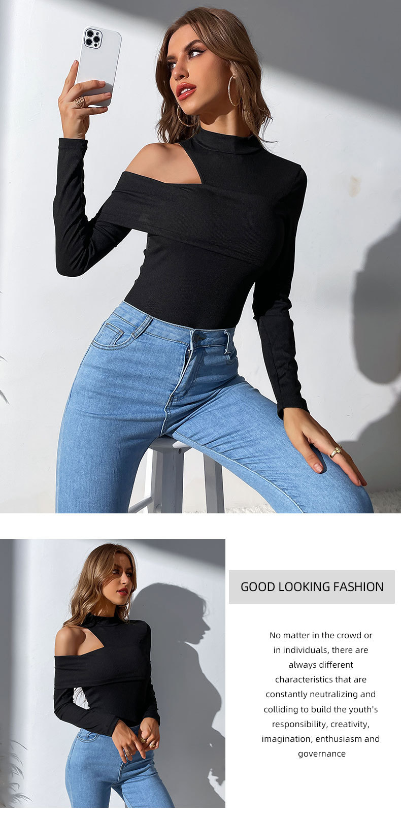 Black Long-Sleeved Hollow Tight Jumpsuit NSYYF107050