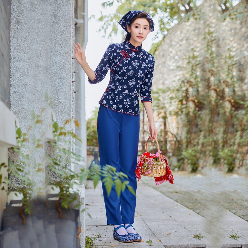 New Style Village Girl Costume for Women, Floral Tea-Picking Dance Outfit, Country Style Nostalgic Rural Ah Qing Sister Performance Costume