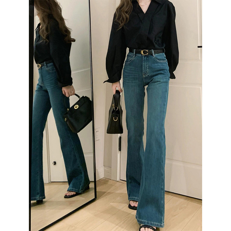 Hong Kong Style Retro Micro-Flared Jeans for Women Spring New High-Waist Elastic Tight Slimming Straight Horse Hoof Long Pants