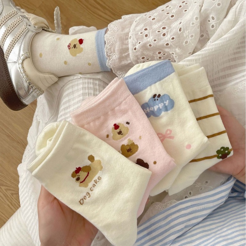 Cute Socks for Women, Pure Cotton, Spring and Summer, Mid-Calf White Cotton Socks, Cartoon Puppy Stripes, Bowknot Women's Socks, Zhuji Socks