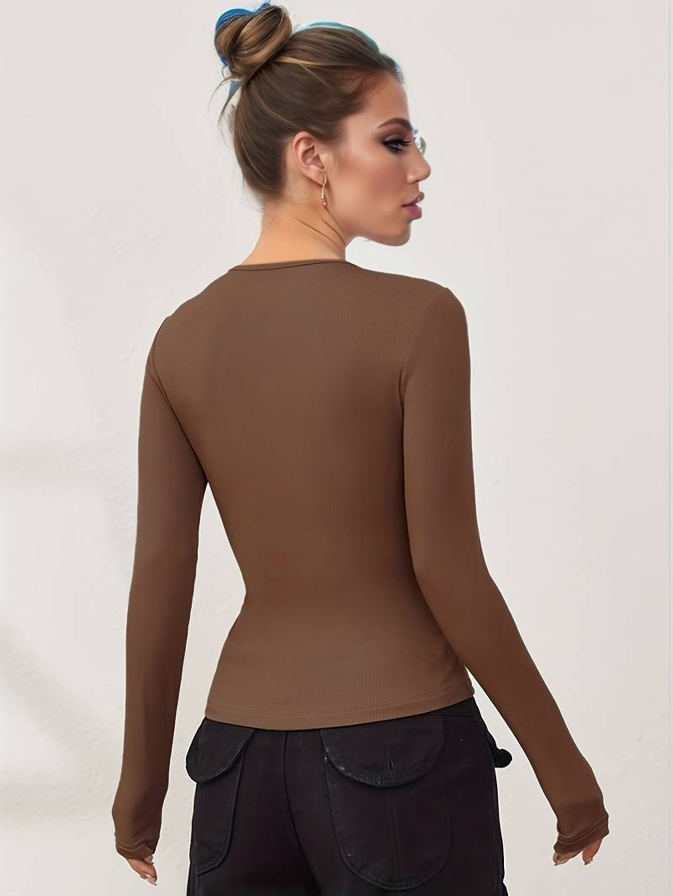 Voya Women's Simple And Versatile T-shirt For Spring And Summer Casual Commuting, Long Sleeved Slim Fit Solid Color Top For Interior Wear_ecoleips.com