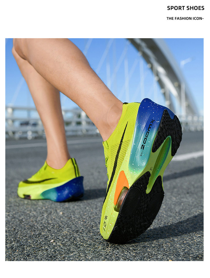 Giày chạy bộ marathon thoáng khí đế cao su, gót vừa 3–5 cm, cổ thấp — Tử Điện, Xanh dạ quang lót lông, Xanh huỳnh quang, Xanh lá phun mực chi tiết 14