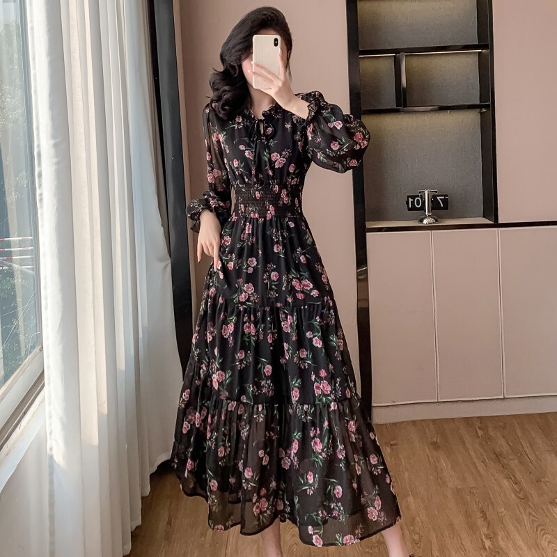 European and American Style Hong Kong Style Korean Chic Ruffled Floral Dress Holiday Style Sweet Edge Waist Long Skirt