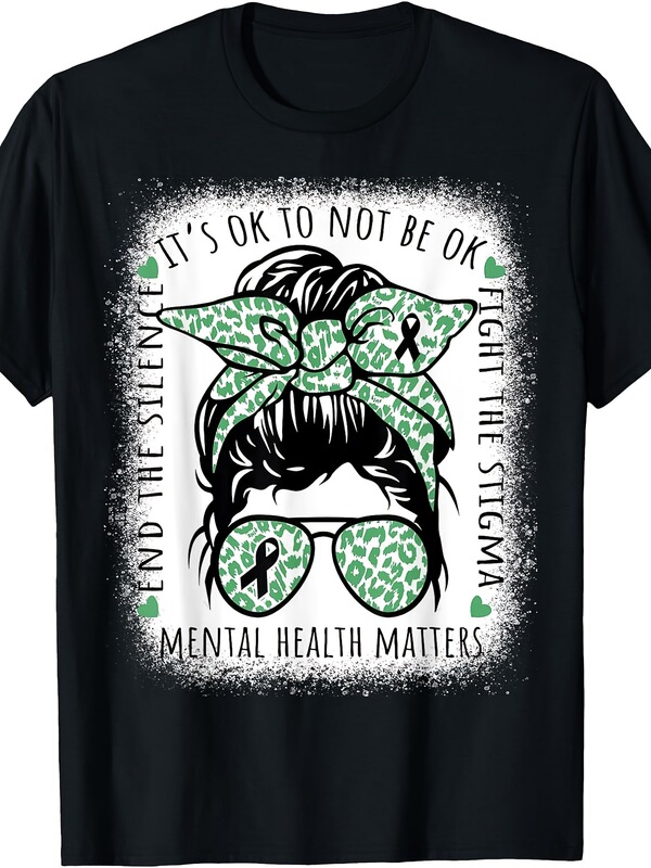 This European size women's black T-shirt features a fluffy bun design to promote mental health awareness.