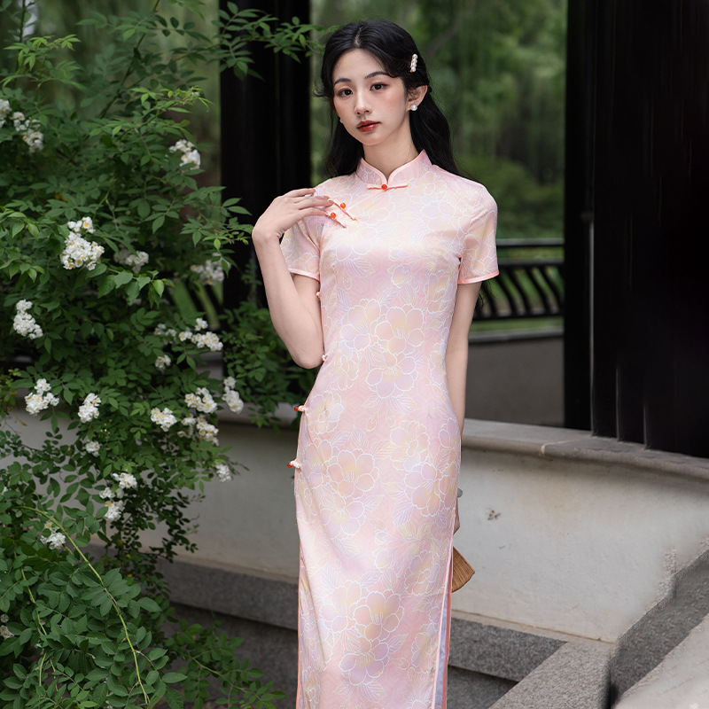 工厂直销2025新款旗袍中式女高端粉红清新甜美低开衩微弹夹旗袍