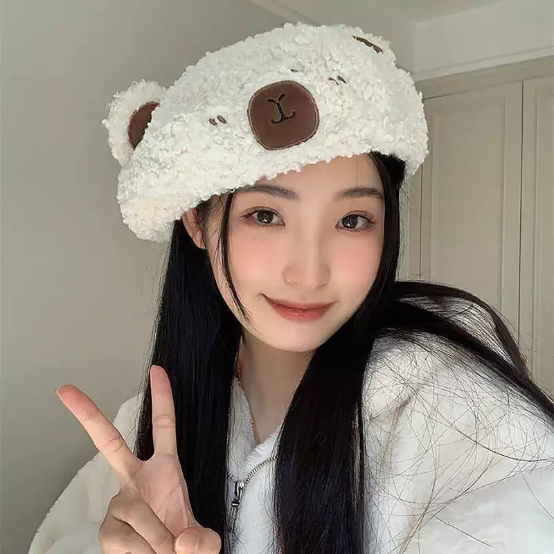 甜美可爱呆萌小熊贝雷帽女秋冬季羊羔毛防寒保暖画家帽百搭显脸小