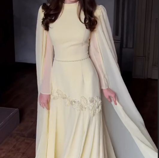 2026 Spring European and American Amazon Cross-Border Long Evening Gown with Beaded Waist, Embroidered Cape Sleeves, and Long Dress