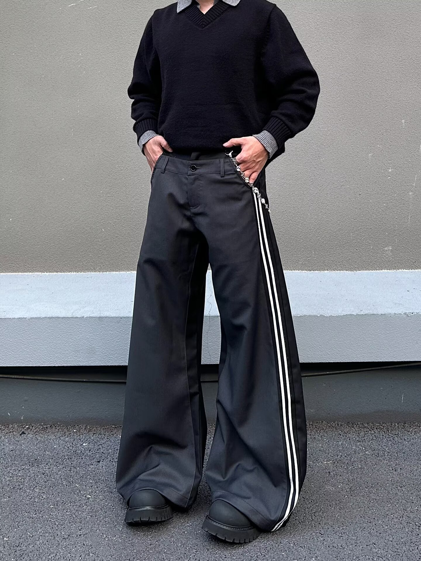 Men's Casual Pants Retro Double Waistband Spliced Curved Blade Loose Long Trousers_mkmklike.com