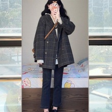 2023年秋冬季新款短款学院风格纹西装呢子大衣女毛呢外套加厚韩系