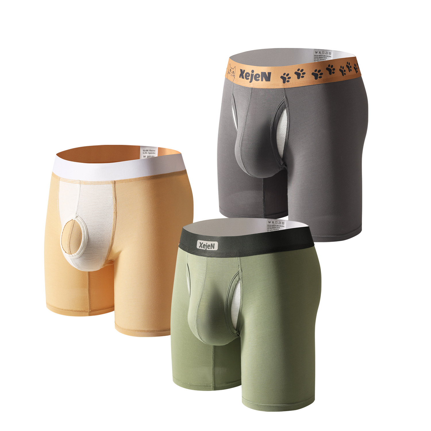 Breathable Sweat-Absorbent Double-Sided Opening with Large Hollowed-Out Bullet Separation Long Men's Boxer Briefs