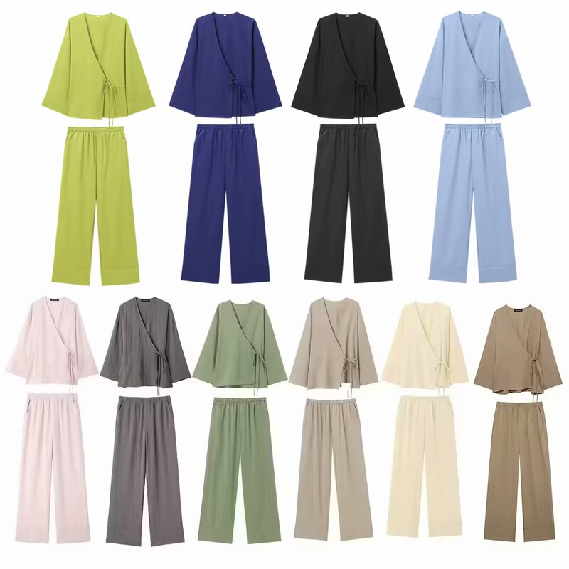 European and American style textured double-breasted kimono coat 5427743 textured pajama style pants 5427431 suit