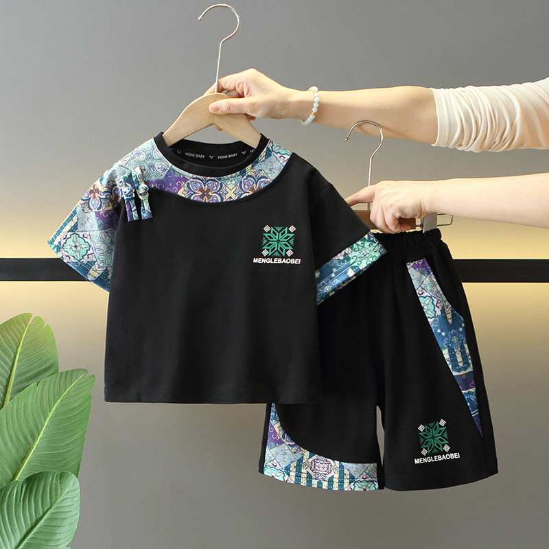 8083 Traje de manga corta de verano para niños 2025 Nuevo vestido de verano para niños Traje de dos piezas de verano para bebés de moda de estilo chino