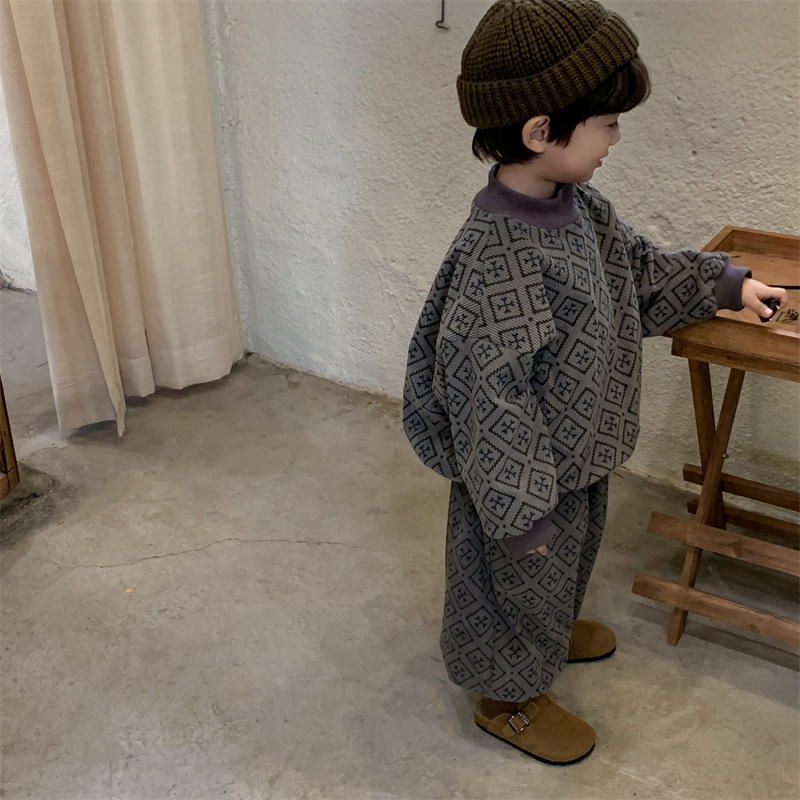 Suéter de pana de felpa para niños y niñas, conjunto de pantalones bombachos gruesos de dos piezas, invierno, 2023_voghion.com