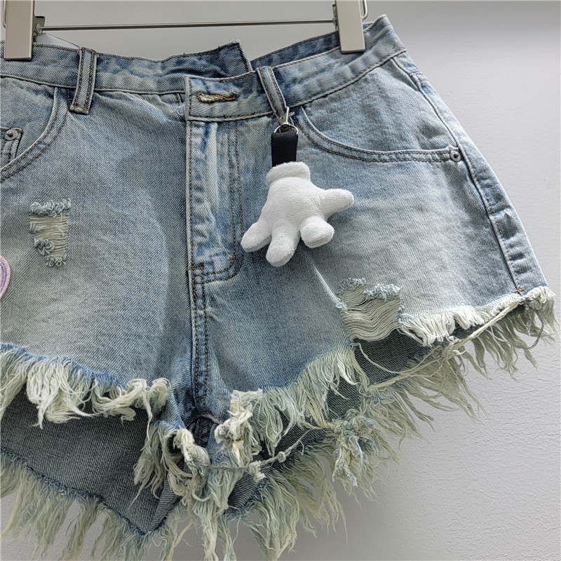 Pantalones Cortos de Mezclilla Corte en A para Mujer Deshilachados con Parche