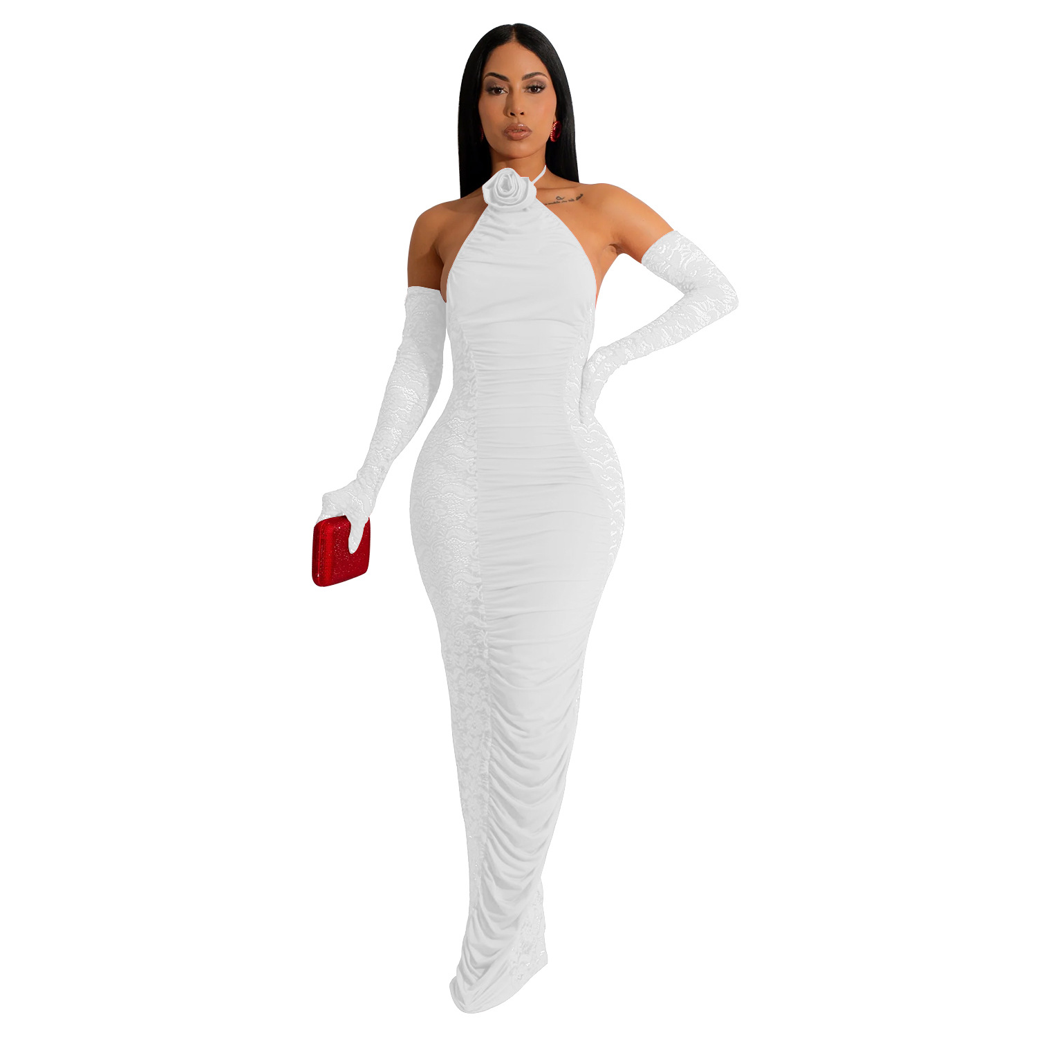 X6379 AliExpress Amazon moda europea y americana de las mujeres color sólido guantes largos vestido encaje hueco vestido image 6