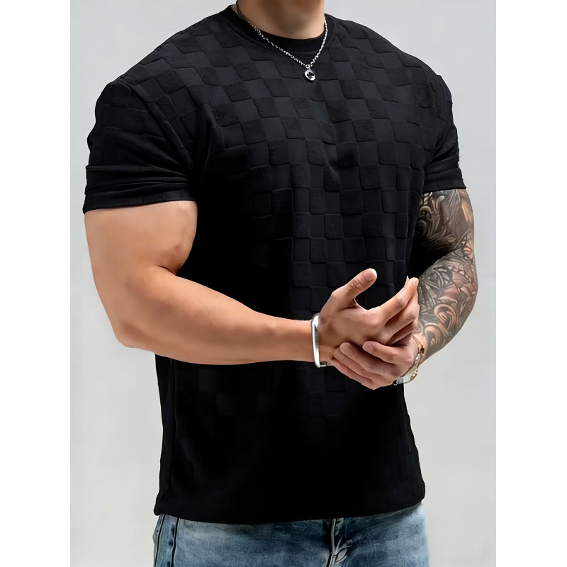 Summer Men's Checkerboard Jacquard Short-Sleeved T-Shirt American High Street Fashion Brand Loose Casual Round Neck Top