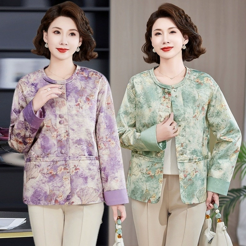 Одежда для мам, весна и осень 2025, куртки для женщин среднего и пожилого возраста, новая весенне-осенняя одежда, свободные топы и куртки с круглым вырезом.