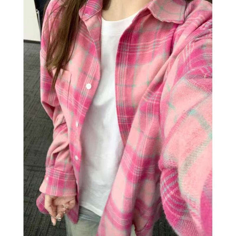 春季格子衬衫女韩版慵懒时尚宽松显瘦百搭开衫休闲外套女装粉色|undefined