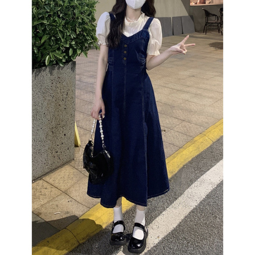 Complete set with age-reducing suit dress, summer denim/cotton suspenders, long dress, small, slightly plump and slimming suspenders,