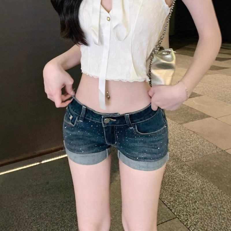 American Hot Girl Hot Diamond Denim Shorts for Women Summer New Design Tight Low Waist Slimming Hip Hot Pants