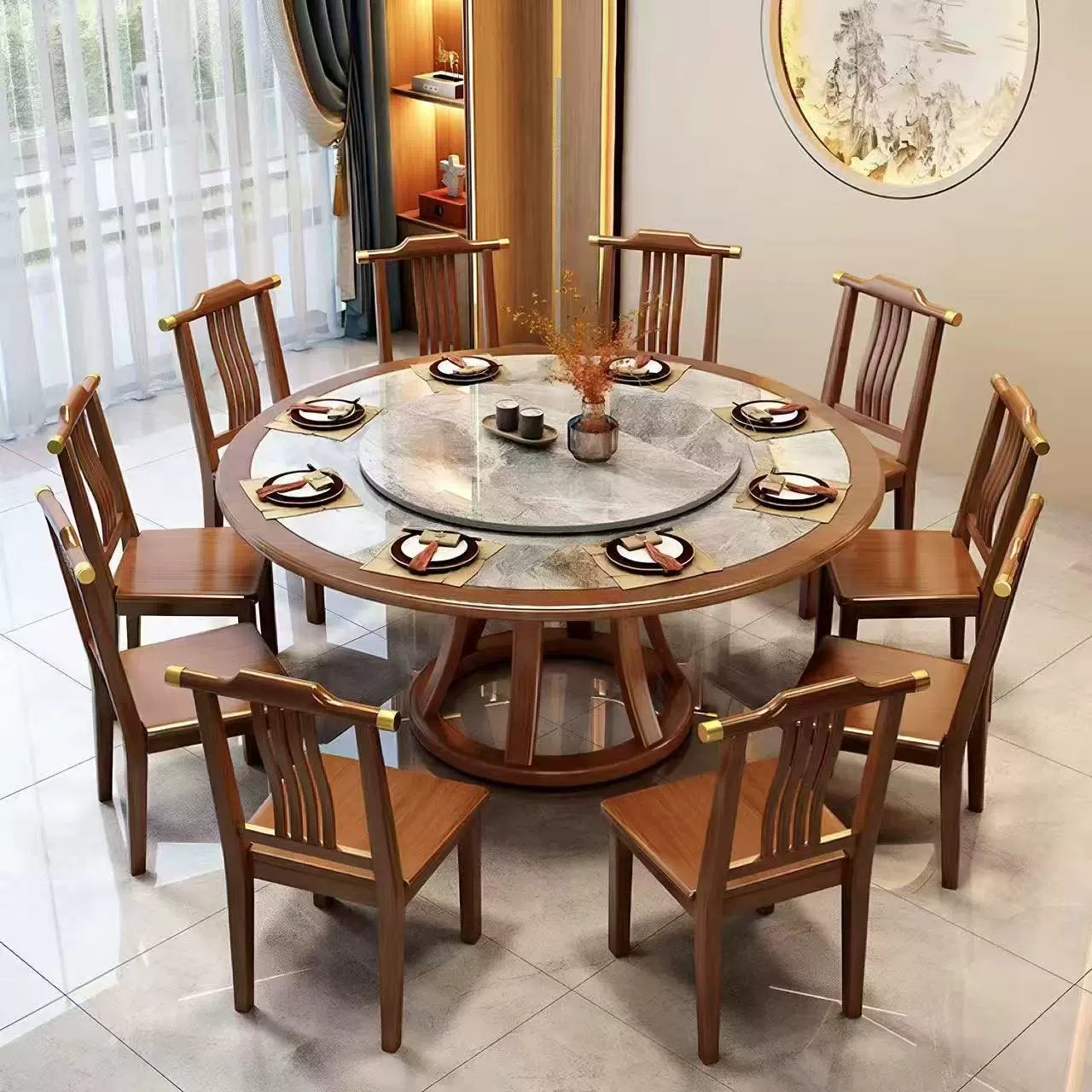 新中式全实木岩板嵌入式餐桌椅组合包边转盘家用饭店酒店大圆桌