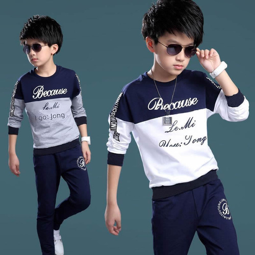 Big and Tall Youth Boys Spring and Autumn Set New Children's Letter Splicing Boys Sports Korean Version Two-Piece Set Trendy