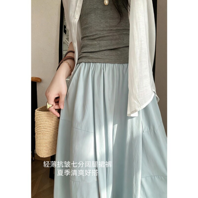 Lightweight anti-wrinkle three-quarter wide-leg culottes with three-dimensional pleats, slimming, loose, high-waisted, thin casual pants for women, new for summer Lightweight anti-wrinkle three-quarter wide-leg culottes with three-dimensional pleats, slimming, loose, high-waisted, thin casual pants for women, new for summer
