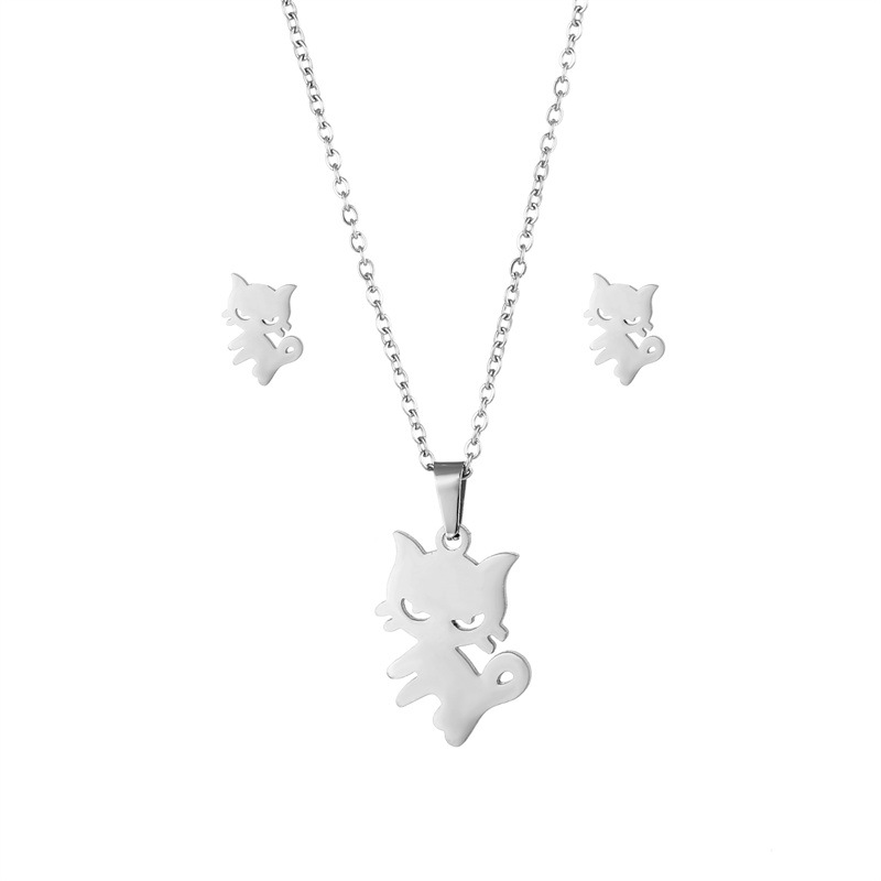 fashion cute kitten stainless steel earrings necklace set