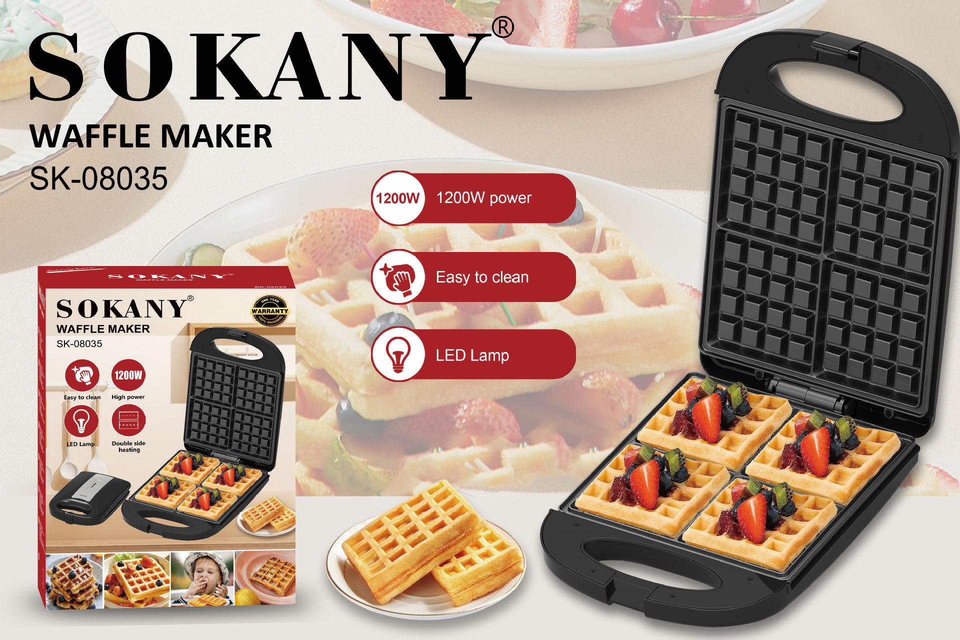 Sokany08035 Household Four-Piece Waffle Machine Double-Sided Heating Bread Machine Sandwich Machine Breakfast Machine