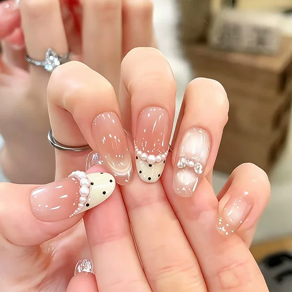 French-style polka dot cat-eye nail stickers, pure and gentle temperament, handmade wearable nails, finished fake nails, nail art pieces wholesale