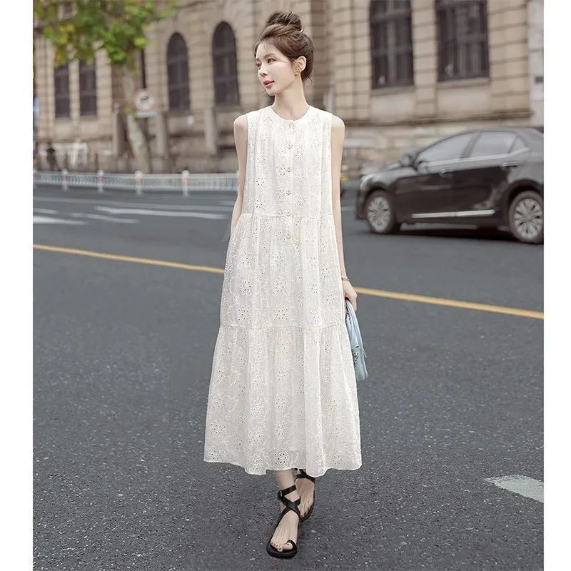 2025年新作夏服、フレンチスタイル、優しいスタイル、女性の気質、オールドマネースタイル、ノースリーブ、シングルブレスト、ゆったり、スリム、ミドル丈|undefined