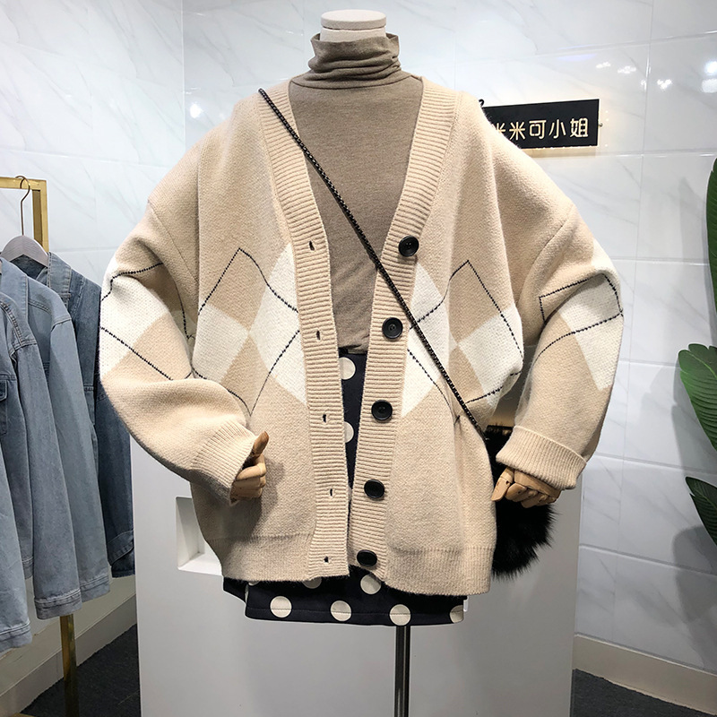 Otoño nuevo estilo británico diamante plaid suéter abrigo de las mujeres sueltas adelgazamiento v-cuello botón medio-longitud de punto cardigan