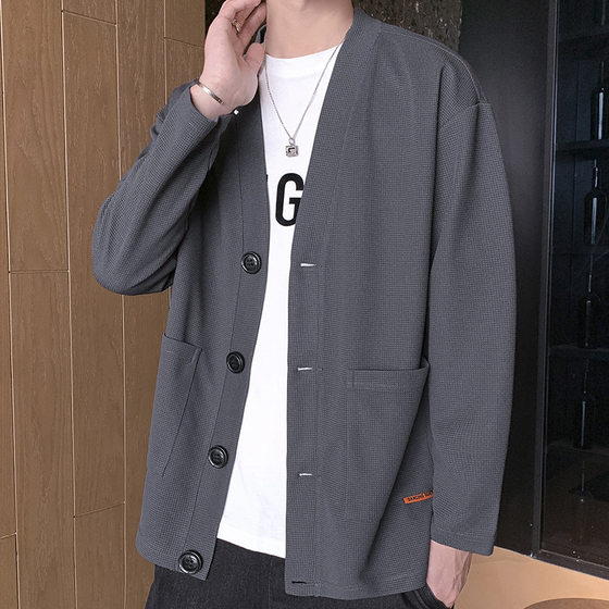 Cross-border Foreign Trade Japanese V-neck Cardigan Sweater Men's Solid Color Padded Pocket Cardigan Coat Wafflour College Fashion