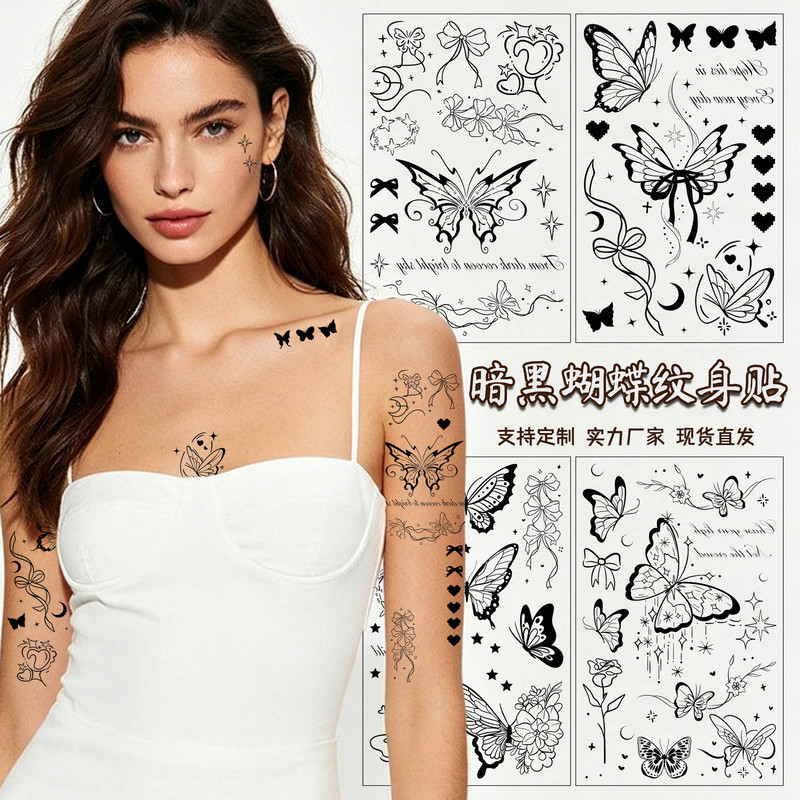 Cross-Border Exclusive Supply of Black and White Butterfly Line Tattoo Stickers, High-End Realistic Ins-Style Girl Tattoo Stickers, Customizable Cross-Border Exclusive Supply of Black and White Butterfly Line Tattoo Stickers, High-End Realistic Ins-Style Girl Tattoo Stickers, Customizable