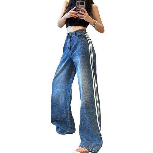 American Retro Side Striped Washed Denim Jeans for Women Spring High-Waisted Straight Leg Loose Slimming Floor-Long Pants