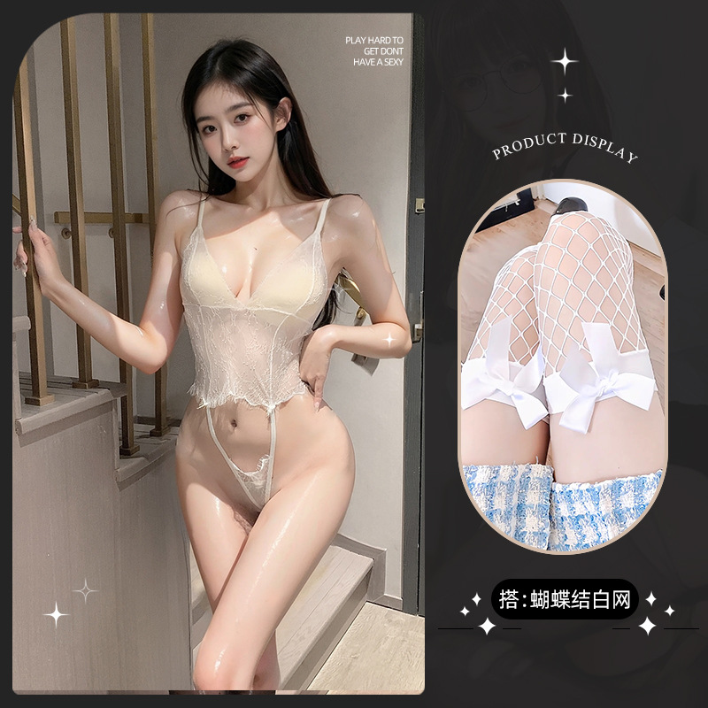 흰색 레이스 점프수트 + 흰색 리본 망사 스타킹