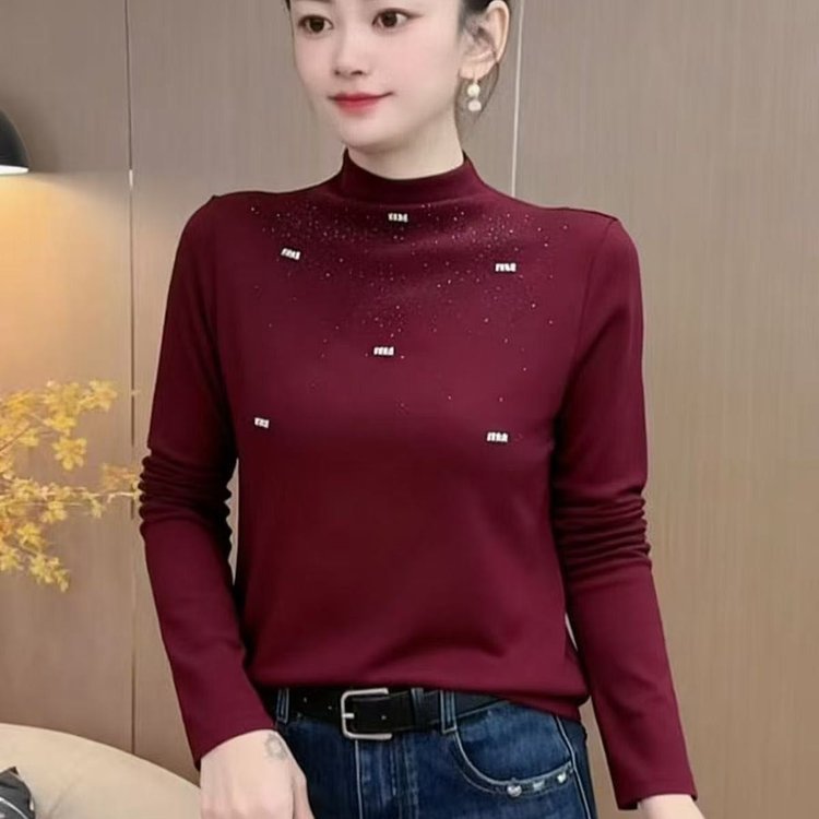 一件代发直播爆款2025秋季新款时尚半高领烫钻长袖打底衫上衣女装|undefined