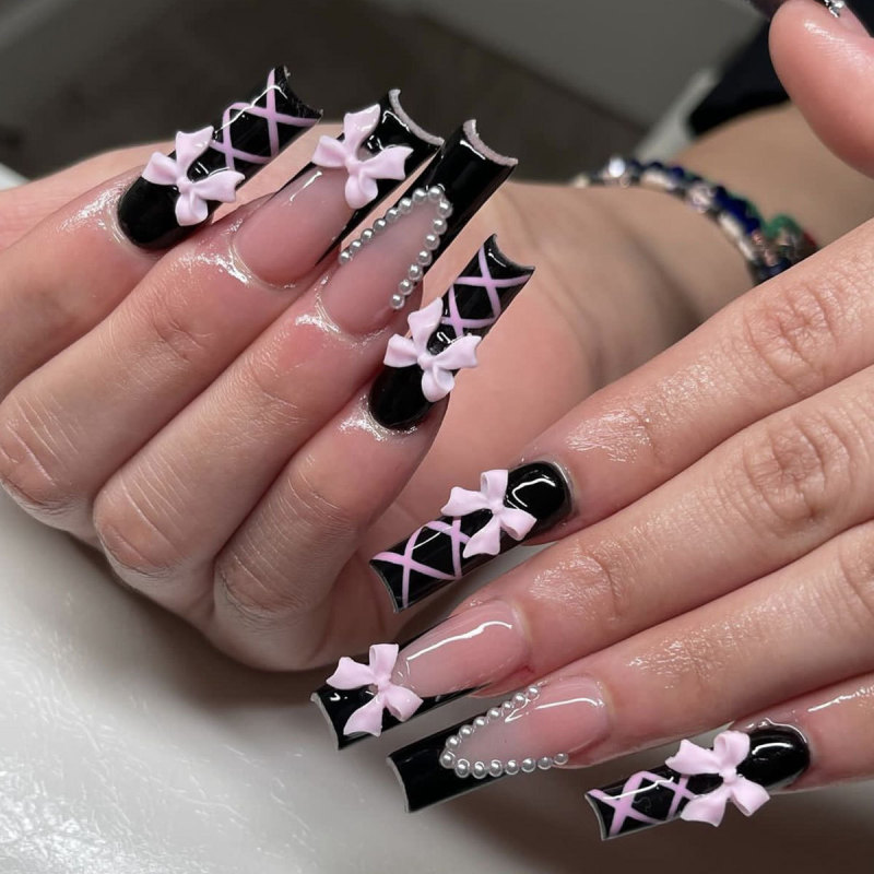 European and American Long Water Pipe Wearing Nail Black French Cross Bow Pearl Decoration Removable False Nail European and American Long Water Pipe Wearing Nail Black French Cross Bow Pearl Decoration Removable False Nail