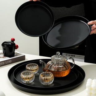 Chinese Black Tray Round Plastic Fruit Tray Tea Room Water Cup Tea Tray Snack Display Tray Afternoon Tea Dessert Tray