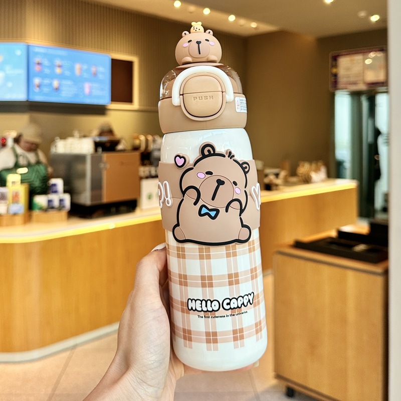 卡皮巴拉保温杯可爱儿童吸管杯上学专用316不锈钢防摔斜跨大肚杯|undefined