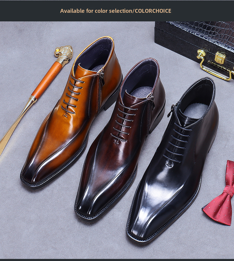 Kožené boty Velkoobchodní továrna Britské martinské boty Pravá kůže Módní společenské boty Špičatá špička Zip Vysoké kožené boty Kotníkové boty_voghion.com